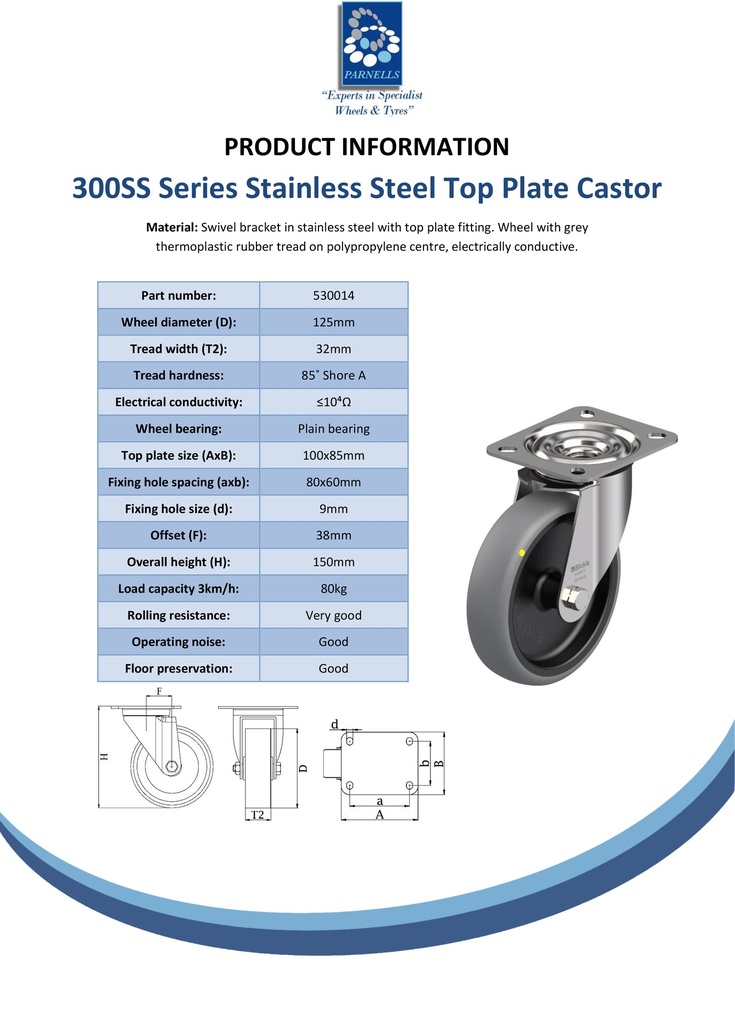 300SS series 125mm stainless steel swivel top plate 100x85mm castor with electrically conductive grey TPR-rubber on polypropylene centre plain bore wheel 80kg - Spec sheet