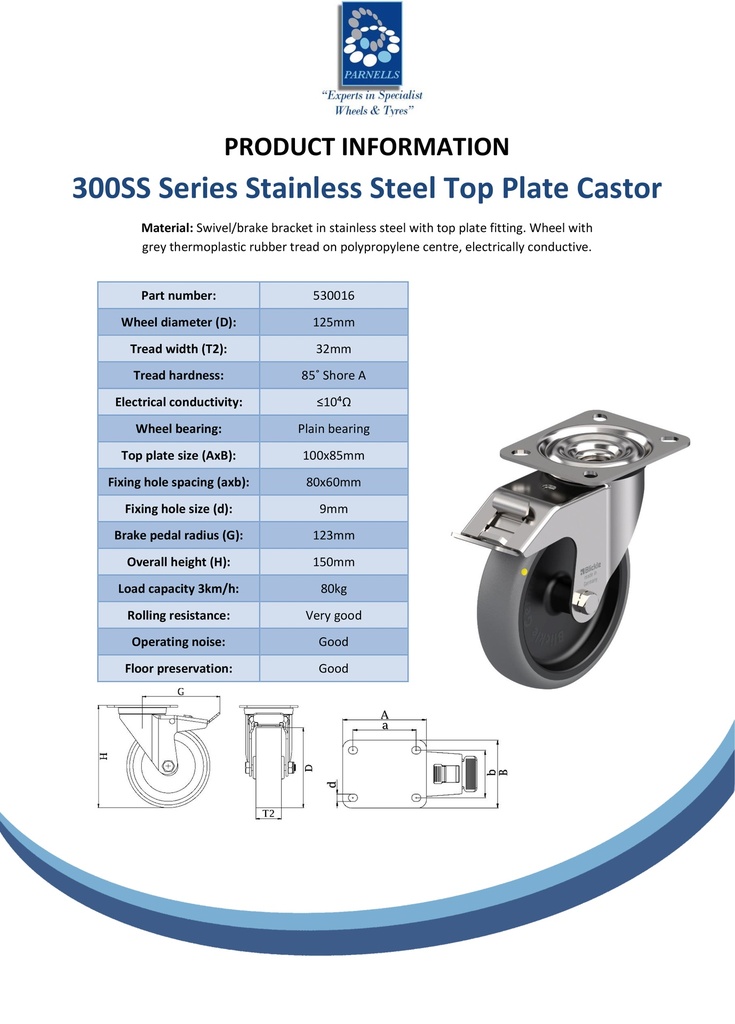 300SS series 125mm stainless steel swivel/brake top plate 100x85mm castor with electrically conductive grey TPR-rubber on polypropylene centre plain bore wheel 80kg - Spec sheet