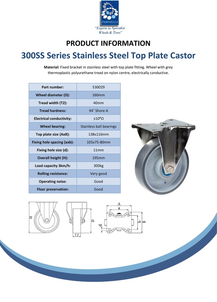 300SS series 160mm stainless steel fixed top plate 138x116mm castor with electrically conductive grey polyurethane on nylon centre stainless steel ball bearing wheel 300kg - Spec sheet