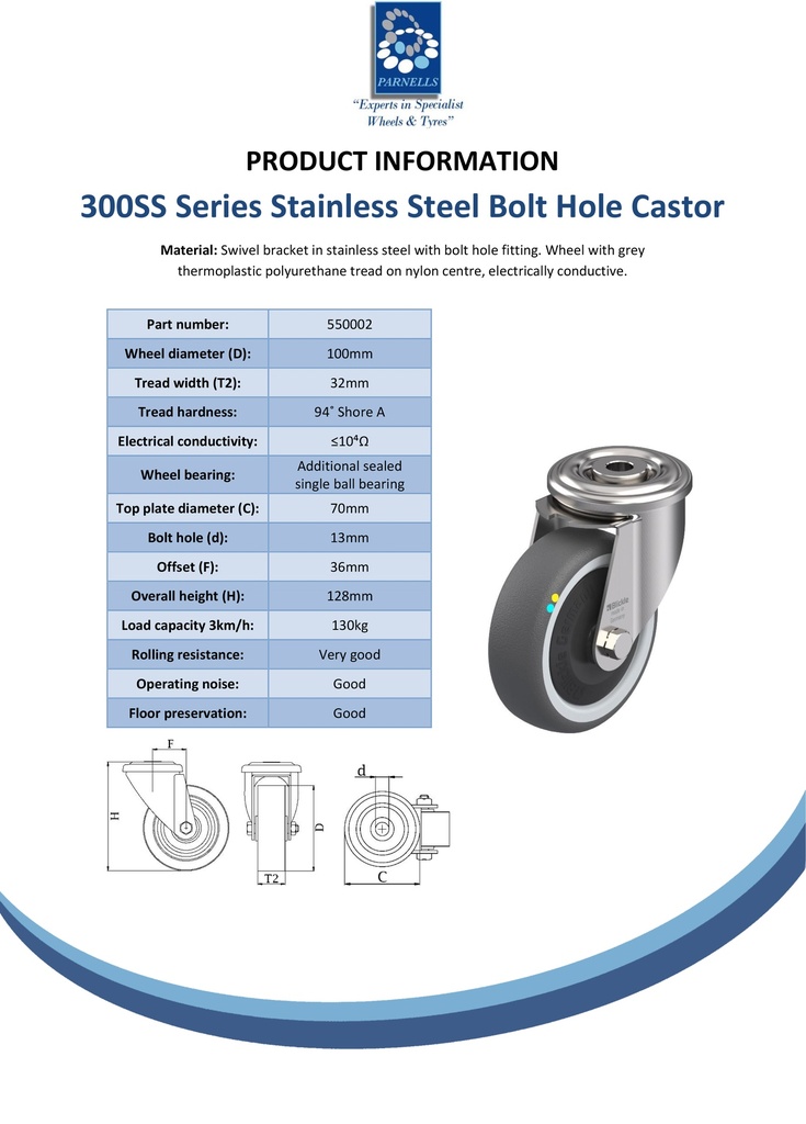 300SS series 100mm stainless steel swivel bolt hole 12mm castor with electrically conductive grey polyurethane on nylon centre additional sealed single ball bearing wheel 130kg - Spec sheet