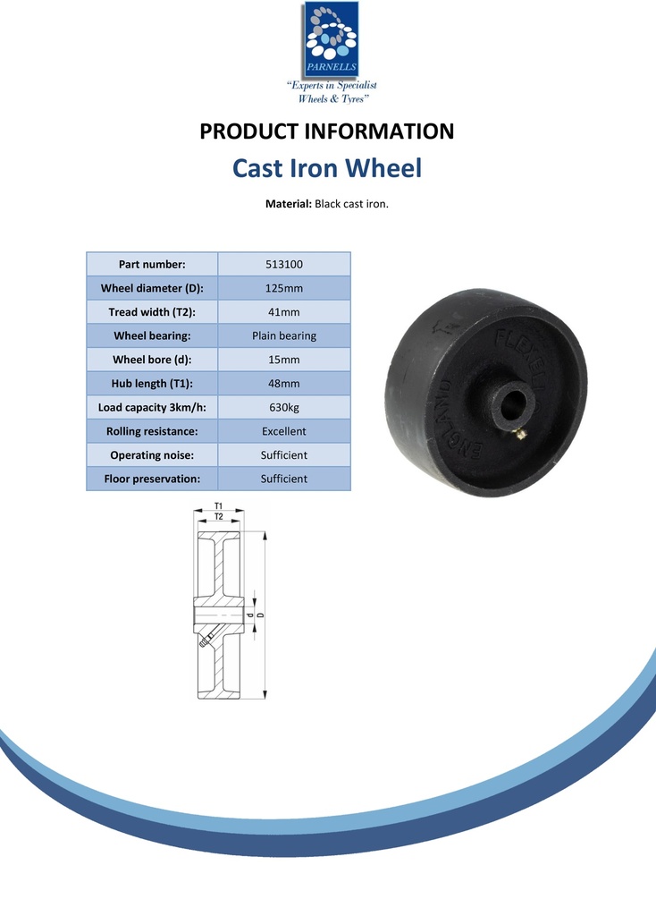 Wheel series 125mm cast iron 15mm bore hub length 48mm plain bearing 630kg - Spec sheet