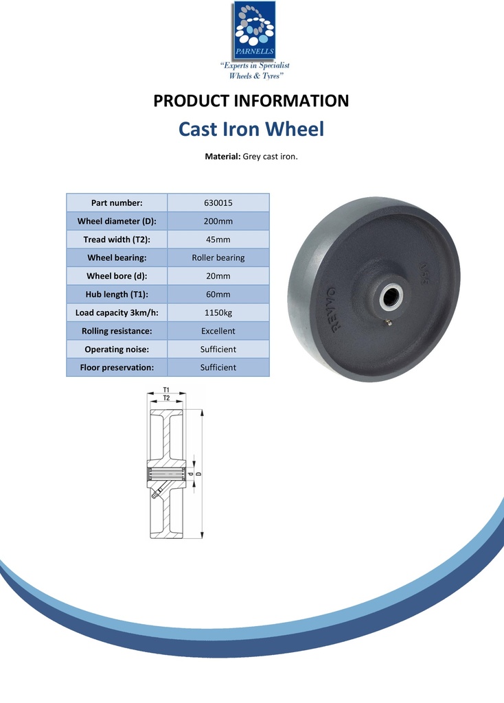 Wheel series 200mm cast iron 20mm bore hub length 60mm roller bearing 1150kg - Spec sheet