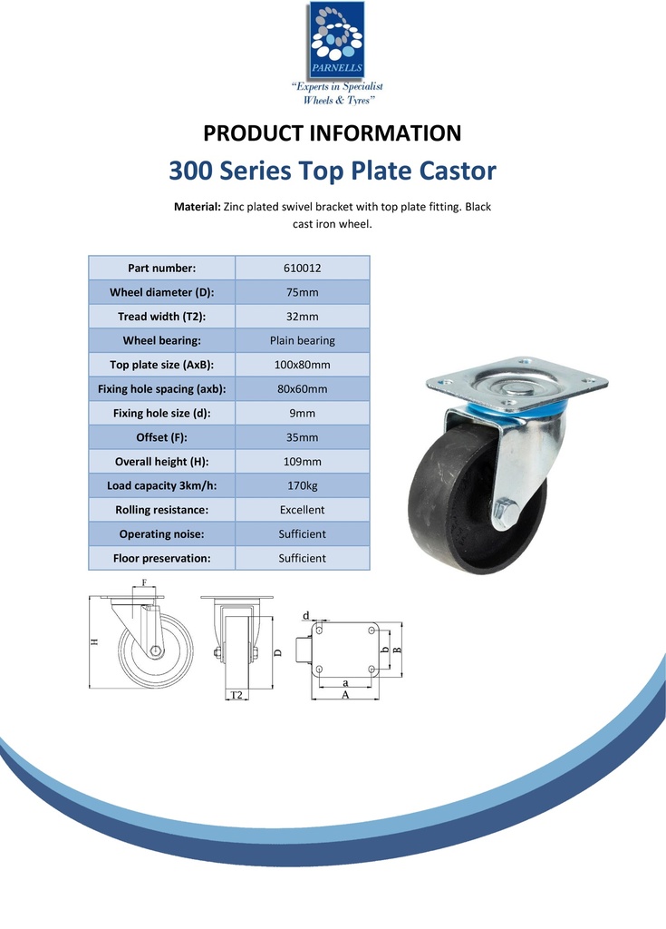 300 series 75mm swivel top plate 100x80mm castor with cast iron plain bearing wheel 170kg - Spec sheet