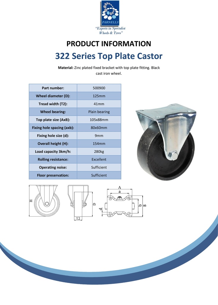 322 series 125mm fixed top plate 105x88mm castor with cast iron plain bearing wheel 280kg - Spec sheet