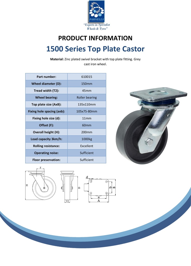 1500 series 150mm swivel top plate 135x110mm castor with cast iron roller bearing wheel 1000kg - Spec sheet