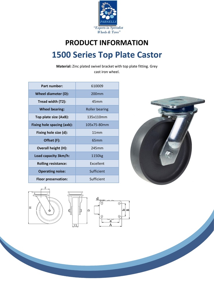 1500 series 200mm swivel top plate 135x110mm castor with cast iron roller bearing wheel 1150kg - Spec sheet