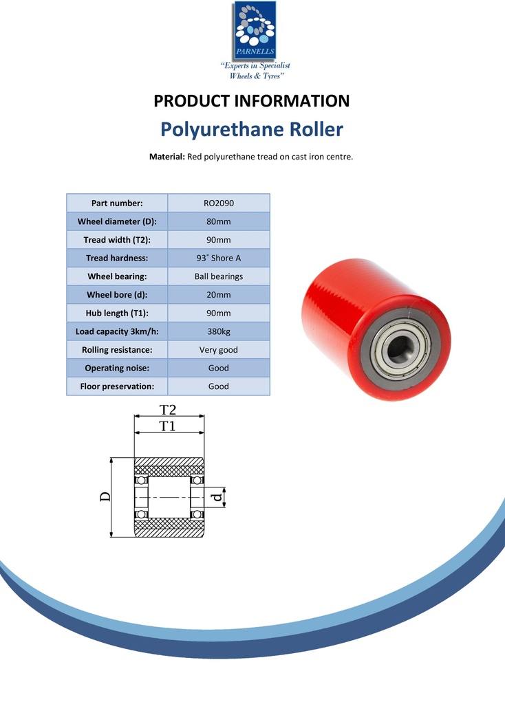 Wheel series 80x90mm roller polyurethane on cast iron centre 20mm bore hub length 90mm ball bearing 380kg - Spec sheet