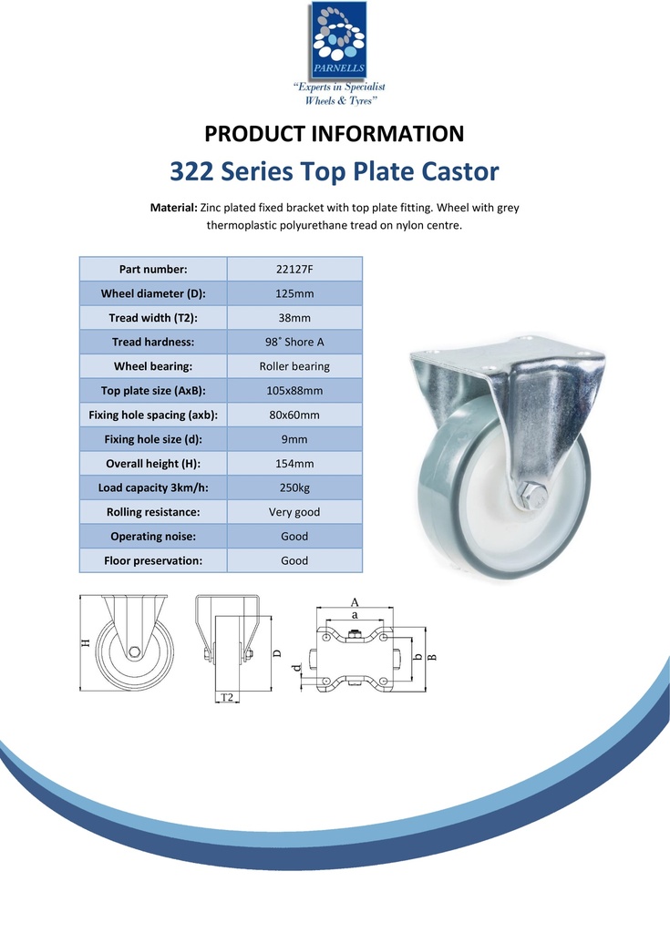 322 series 125mm fixed top plate 105x88mm castor with polyurethane on nylon centre roller bearing wheel 250kg - Spec sheet