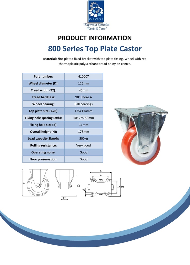 800 series 125mm fixed top plate 135x114mm castor with polyurethane on nylon centre ball bearing wheel 500kg - Spec sheet