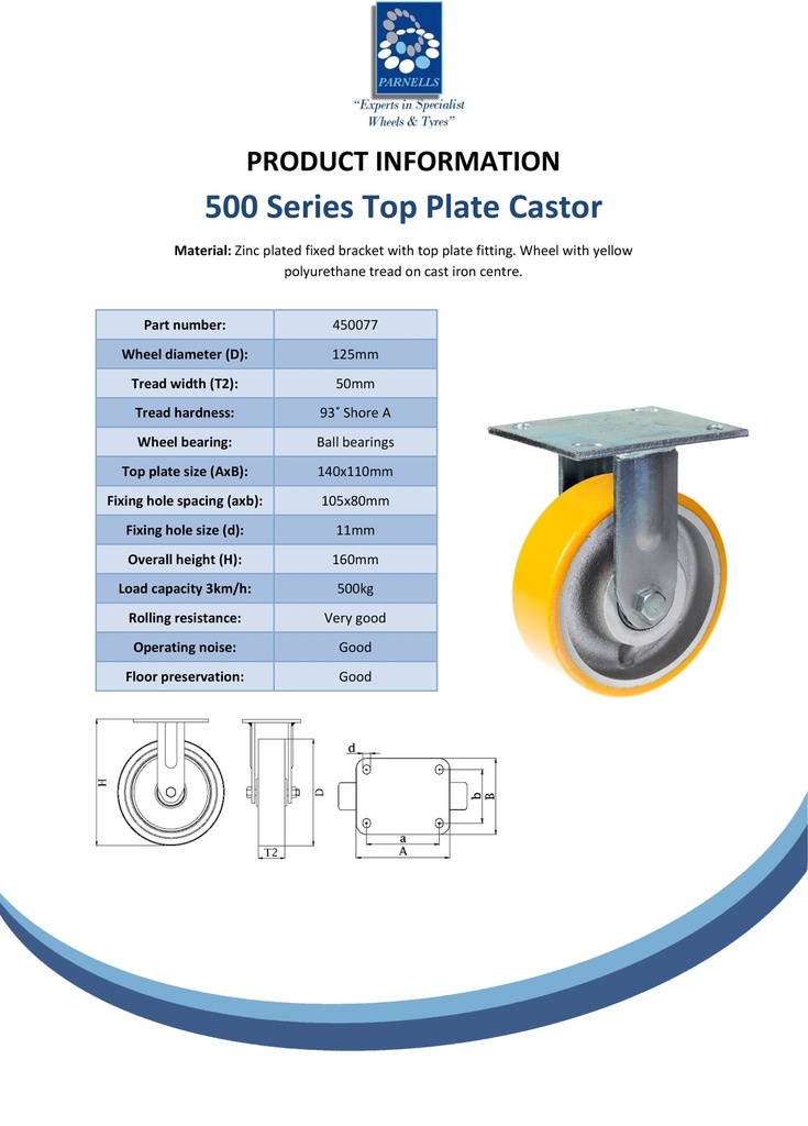 500 series 125mm fixed top plate 140x110mm castor with polyurethane on cast iron centre ball bearing wheel 500kg - Spec sheet