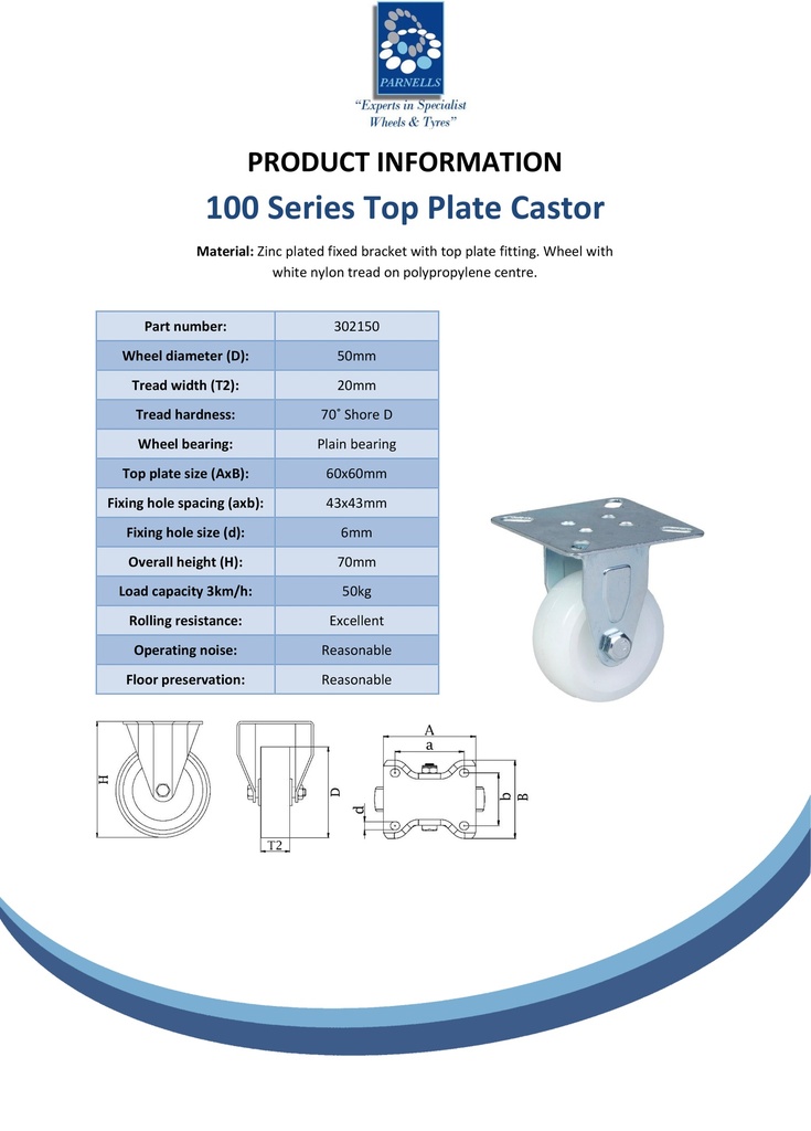 100 series 50mm fixed top plate 60x60mm castor with nylon tread on polypropylene centre plain bearing wheel 50kg - Spec sheet