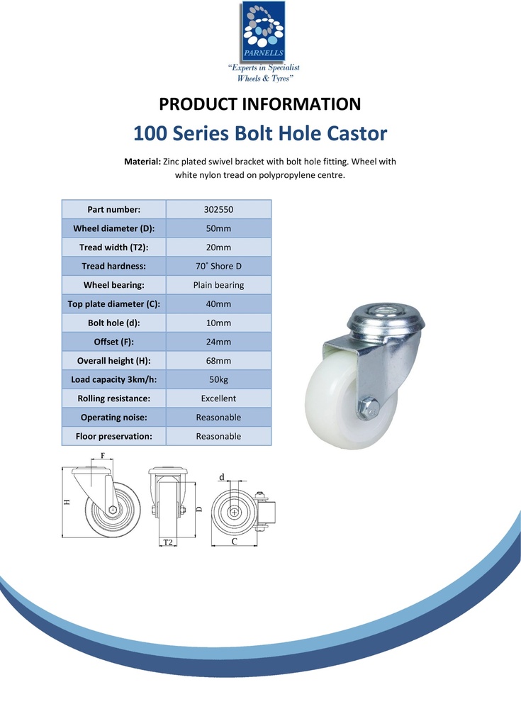 100 series 50mm swivel bolt hole 10mm castor with nylon tread on polypropylene centre plain bearing wheel 50kg - Spec sheet