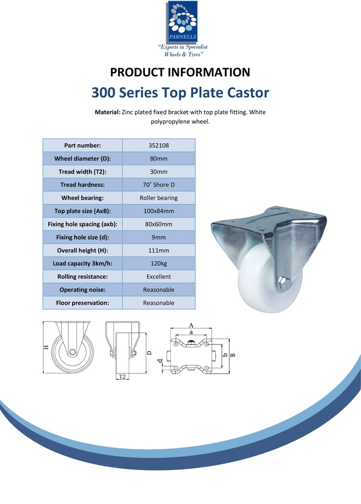 300 series 80mm fixed top plate 100x84mm castor with polypropylene roller bearing wheel 120kg - Spec sheet