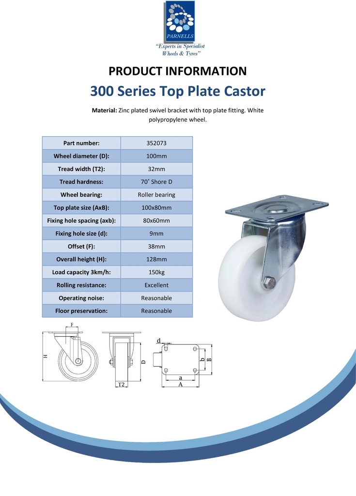 300 Series 100mm swivel top plate 100x80mm castor with polypropylene roller bearing wheel 150kg - Spec sheet