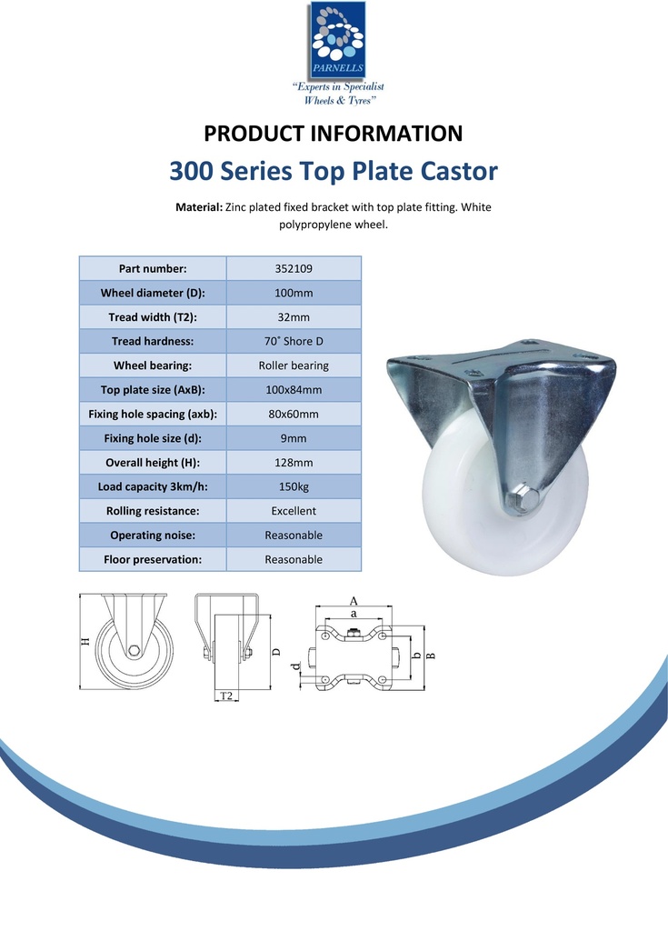 300 series 100mm fixed top plate 100x84mm castor with polypropylene roller bearing wheel 150kg - Spec sheet