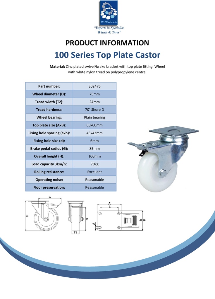 100 series 75mm swivel/brake top plate 60x60mm castor with nylon tread on polypropylene centre plain bearing wheel 70kg - Spec sheet