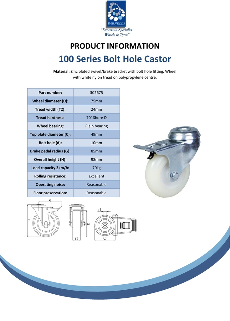 100 series 75mm swivel/brake bolt hole 10mm castor with nylon tread on polypropylene centre plain bearing wheel 70kg - Spec sheet