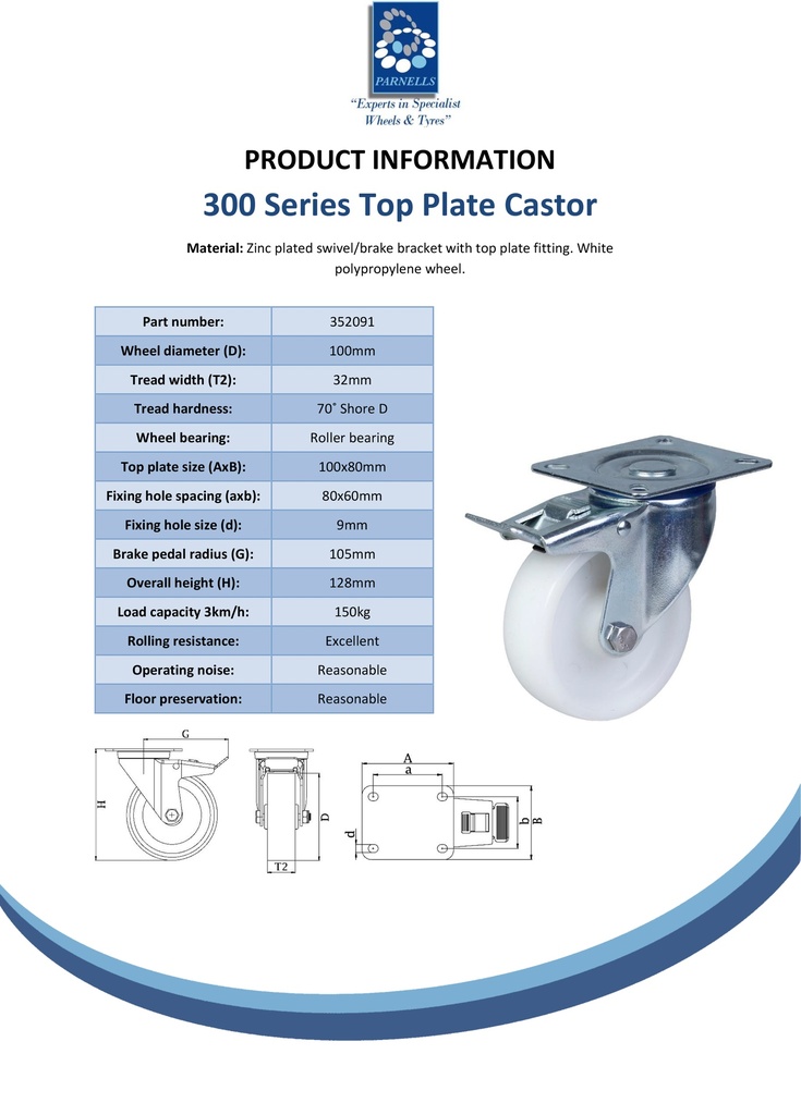 300 series 100mm swivel/brake top plate 100x80mm castor with polypropylene roller bearing wheel 150kg - Spec sheet