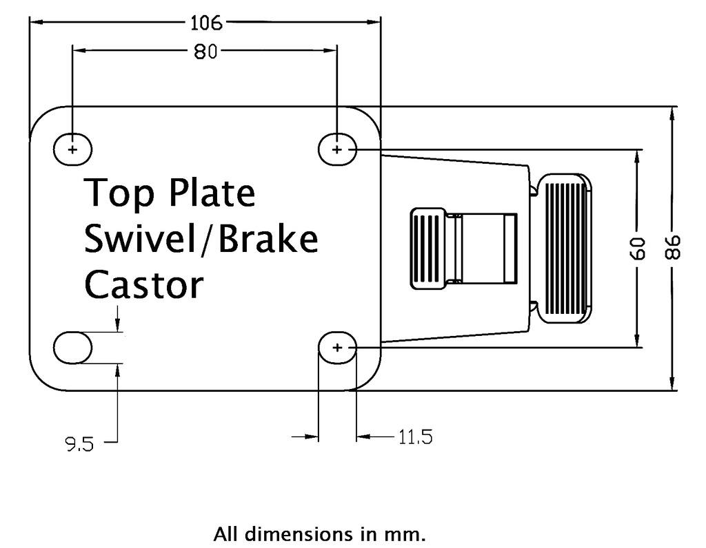 322 series 100mm swivel/brake top plate 106x86mm - Plate drawing