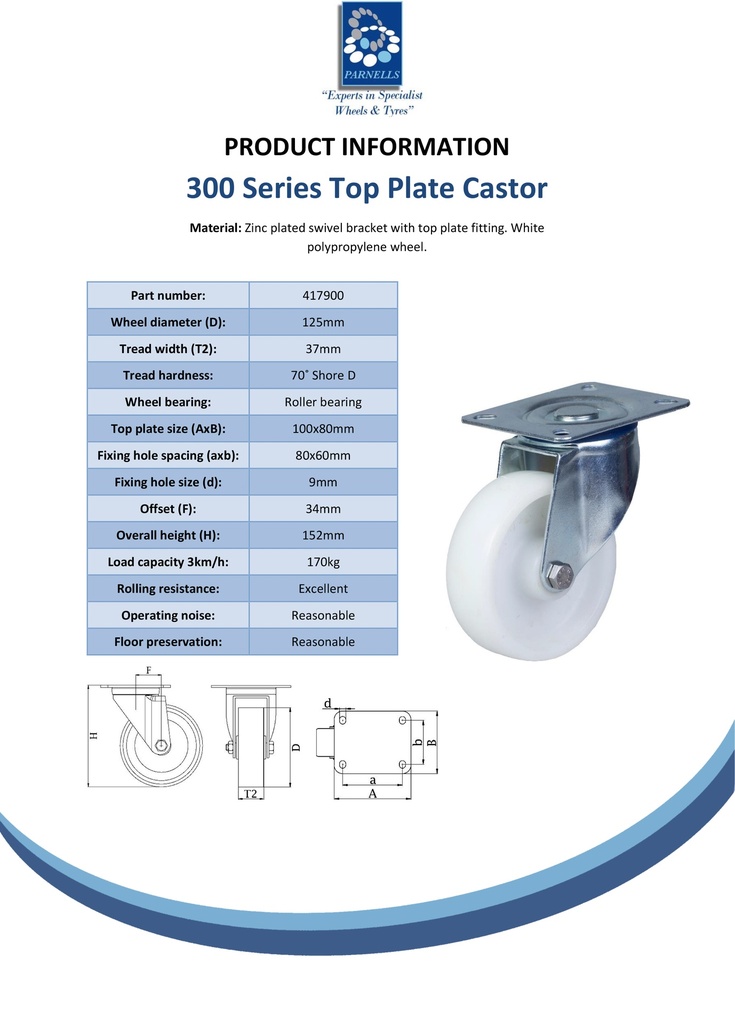 300 series 125mm swivel top plate 100x80mm castor with polypropylene roller bearing wheel 170kg - Spec sheet