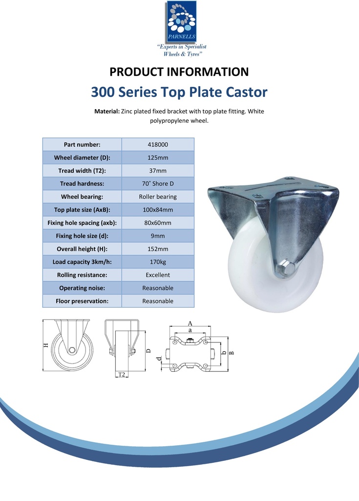 300 series 125mm fixed top plate 100x84mm castor with polypropylene roller bearing wheel 170kg - Spec sheet