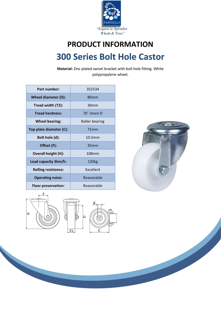 300 series 80mm swivel bolt hole 10,5mm castor with polypropylene roller bearing wheel 120kg - Spec sheet