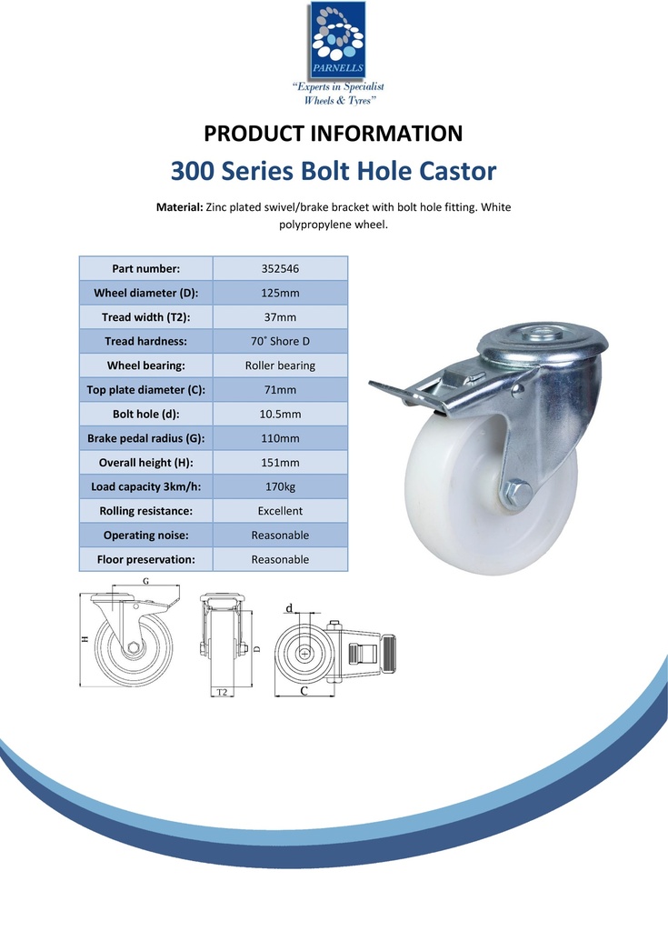 300 series 125mm swivel/brake bolt hole 10,5mm castor with polypropylene roller bearing wheel 170kg - Spec sheet