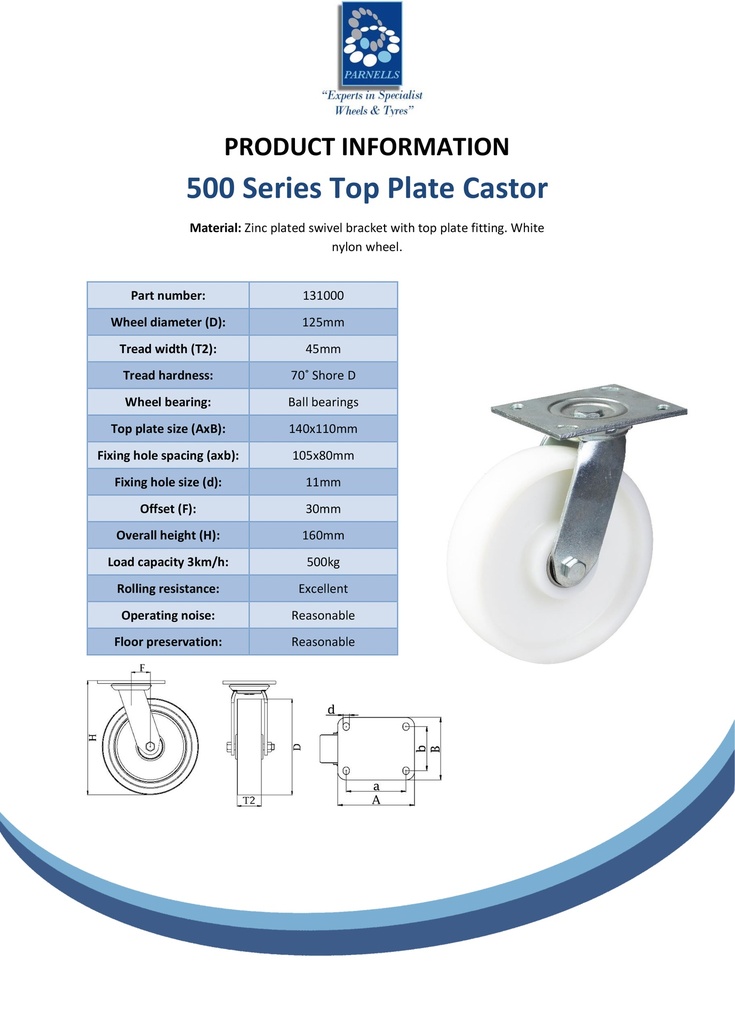 500 series 125mm swivel top plate 140x110mm castor with nylon ball bearing wheel 500kg - Spec shet