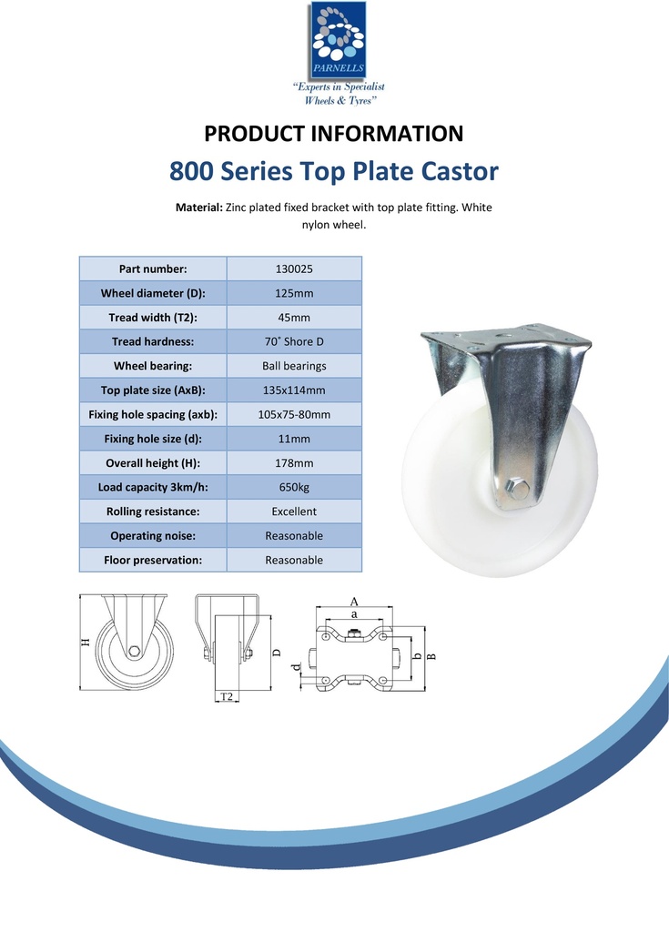 800 series 125mm fixed top plate 135x114mm castor with nylon ball bearing wheel 600kg - Spec sheet