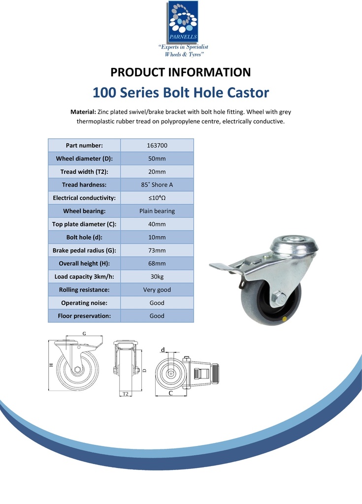 100 series 50mm swivel/brake bolt hole 10mm castor with electrically conductive grey TPR-rubber on polypropylene centre plain bearing wheel 30kg - Spec shet