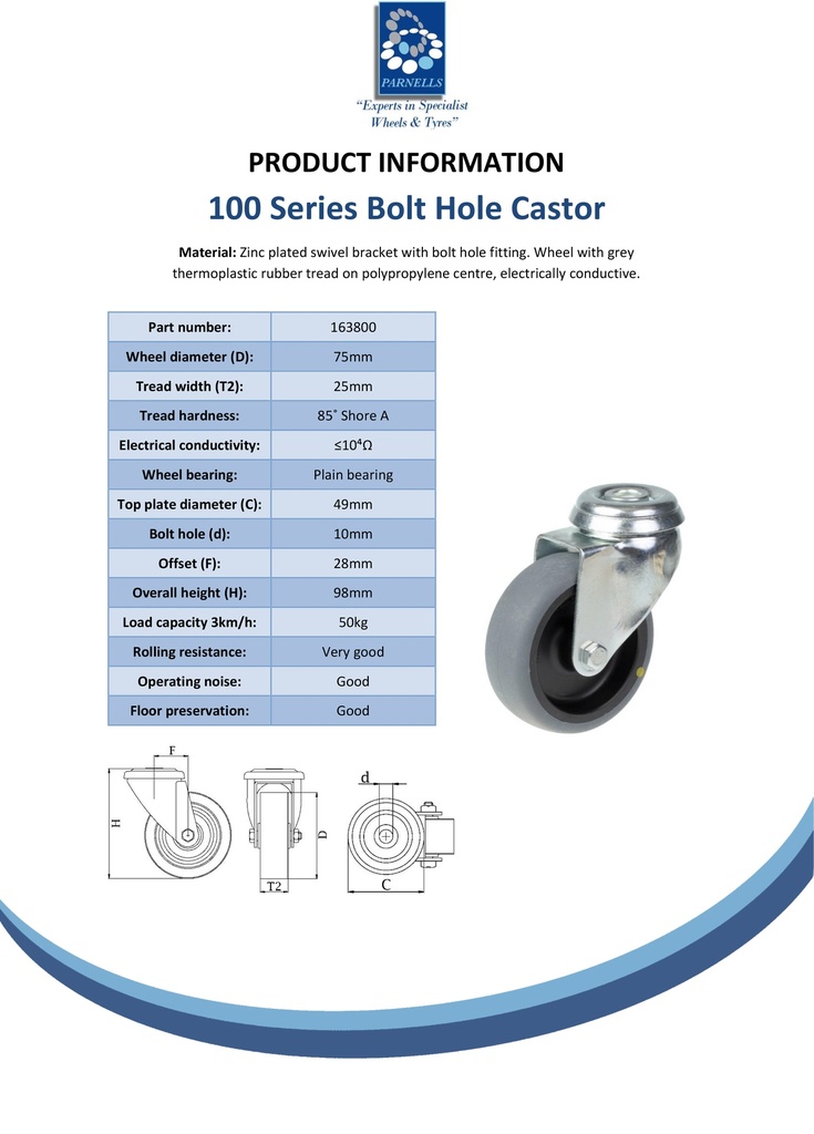 100 series 75mm swivel bolt hole 10mm castor with electrically conductive grey TPR-rubber on polypropylene centre plain bearing wheel 50kg - Spec sheet