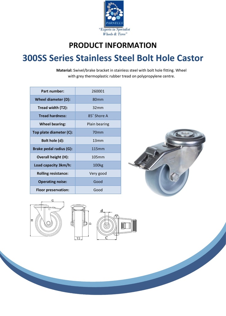 300SS series 80mm stainless steel swivel/brake bolt hole 12mm castor with grey TPR-rubber on polypropylene centre plain bearing wheel 100kg - Spec sheet