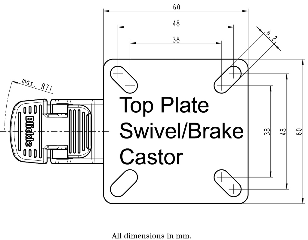 100SS series 50mm stainless steel swivel/brake top plate 60x60mm - Plate drawing