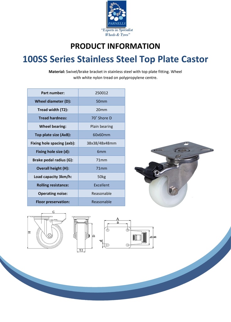 100SS series 50mm stainless steel swivel/brake top plate 60x60mm castor with nylon plain bearing wheel 50kg - Spec sheet