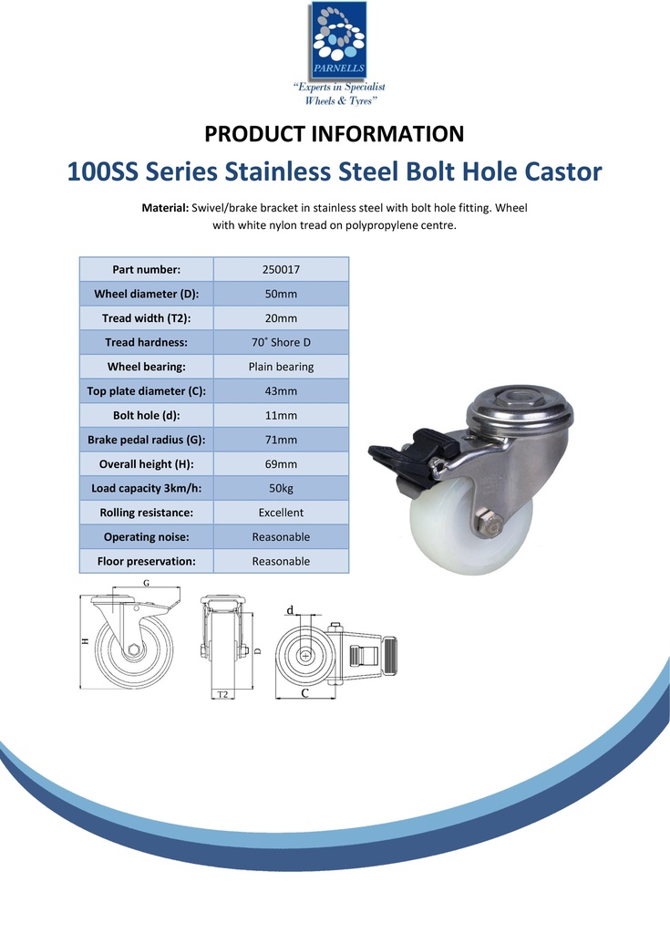 100SS series 50mm stainless steel swivel/brake bolt hole 10mm castor with nylon tread on polypropylene centre plain bearing wheel 50kg - Spec sheet