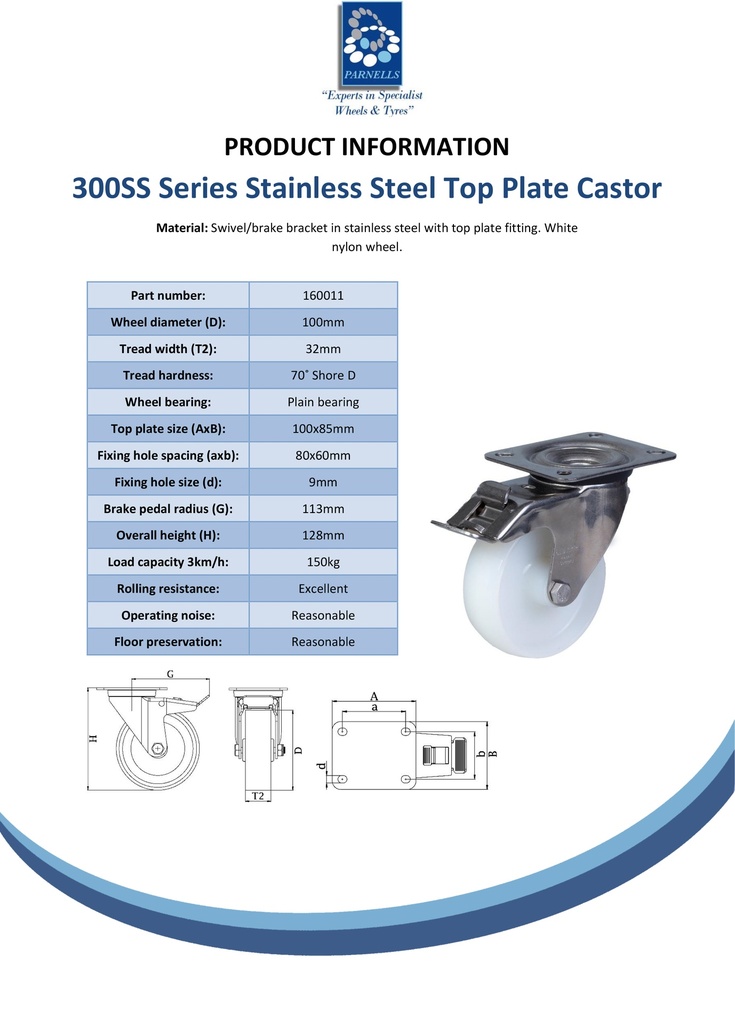 300SS series 100mm stainless steel swivel/brake top plate 100x85mm castor with nylon plain bearing wheel 150kg - Spec sheet