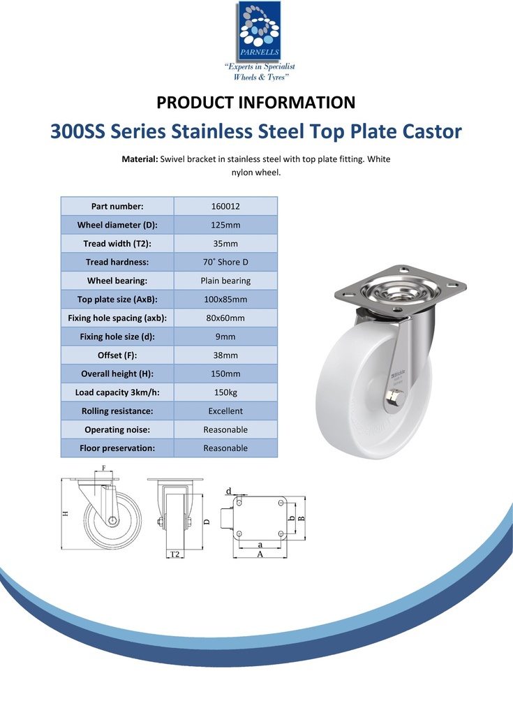 300SS series 125mm stainless steel swivel top plate 100x85mm castor with nylon plain bearing wheel 150kg - Spec sheet