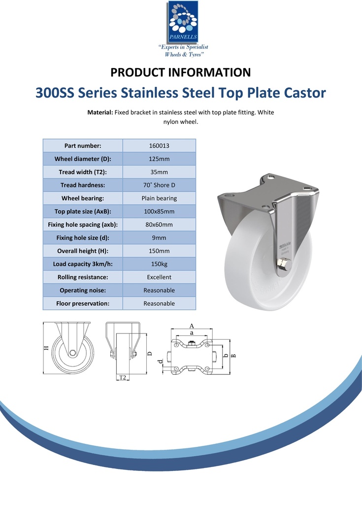 300SS series 125mm stainless steel fixed top plate 100x85mm castor with nylon plain bearing  wheel 150kg - Spec sheet