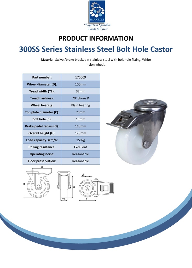 300SS series 100mm stainless steel swivel/brake bolt hole 12mm castor with nylon plain bearing wheel 150kg - Spec sheet