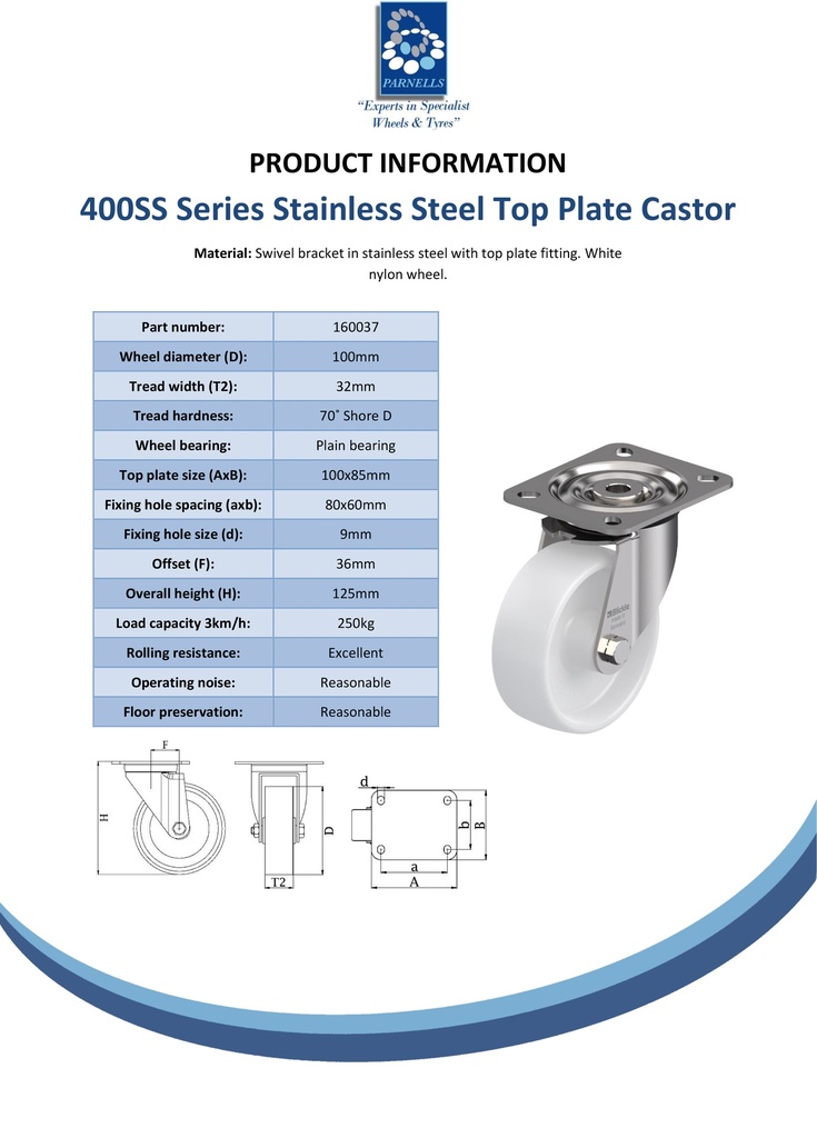 400SS series 100mm stainless steel swivel top plate 100x85mm castor with nylon plain bearing wheel 250kg - Spec sheet