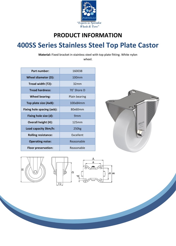 400SS series 100mm stainless steel fixed top plate 100x85mm castor with nylon plain bearing wheel 250kg - Spec sheet