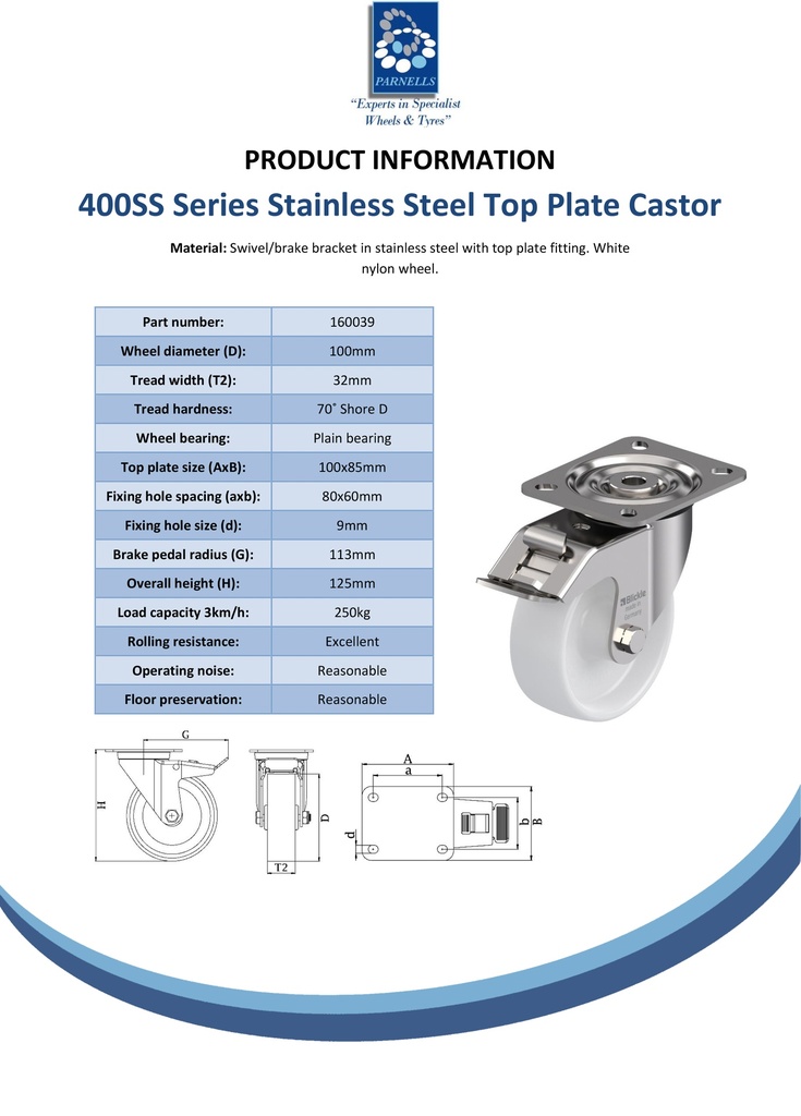 400SS series 100mm stainless steel swivel/brake top plate 100x85mm castor with nylon plain bearing wheel 250kg - Spec sheet