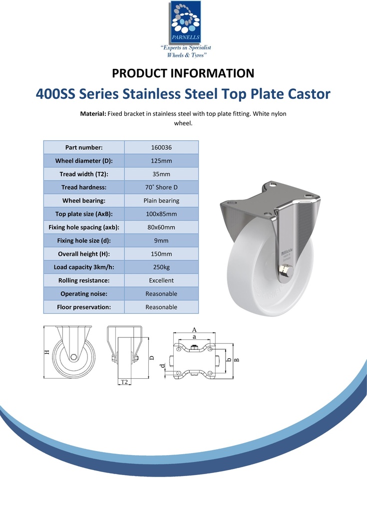 400SS series 125mm stainless steel fixed top plate 100x85mm castor with nylon plain bearing wheel 250kg - Spec sheet