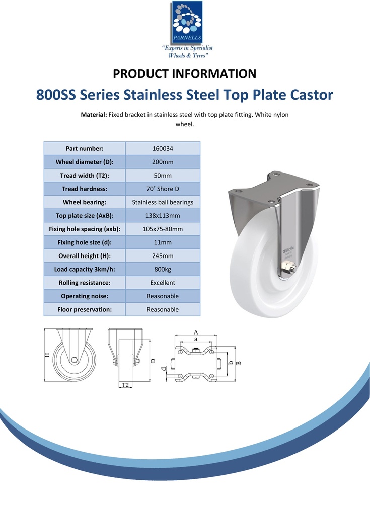 800SS series 200mm stainless steel fixed top plate 140x110mm castor with nylon stainless steel ball bearing wheel 800kg - Spec sheet