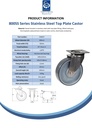 800SS series 200mm stainless steel swivel top plate 140x110mm castor with electrically conductive grey polyurethane on nylon centre stainless steel ball bearing wheel 520kg - Spec sheet