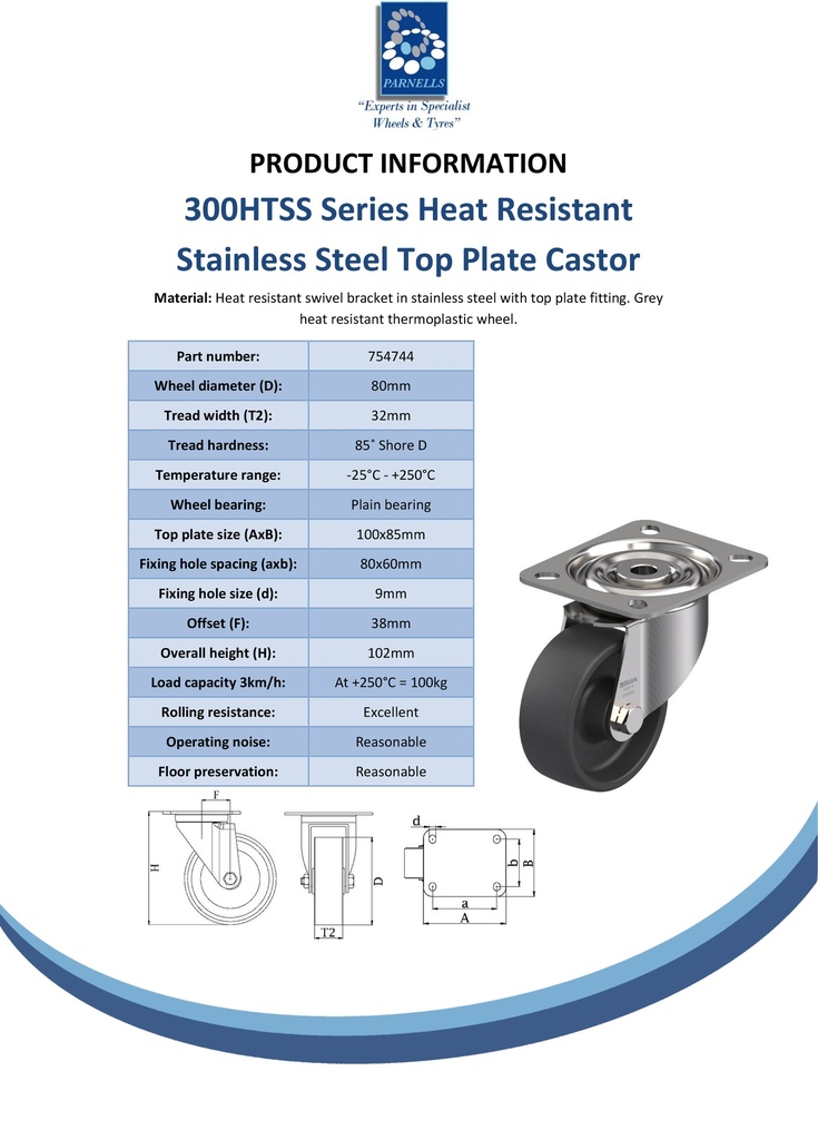 300HTSS series 80mm stainless steel swivel top plate 100x85mm castor with heat resistant thermoplastic plain bearing wheel 100kg - Spec sheet