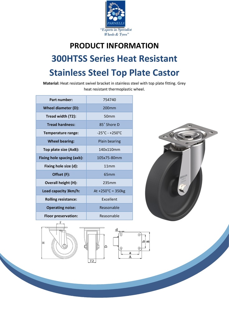 300HTSS series 200mm stainless steel swivel top plate 140x110mm castor with heat resistant thermoplastic plain bearing wheel 350kg - Spec sheet