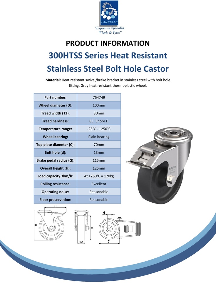 300HTSS series 100mm stainless steel swivel/brake bolt hole 13mm castor with heat resistant thermoplastic plain bearing wheel 120kg - Spec sheet