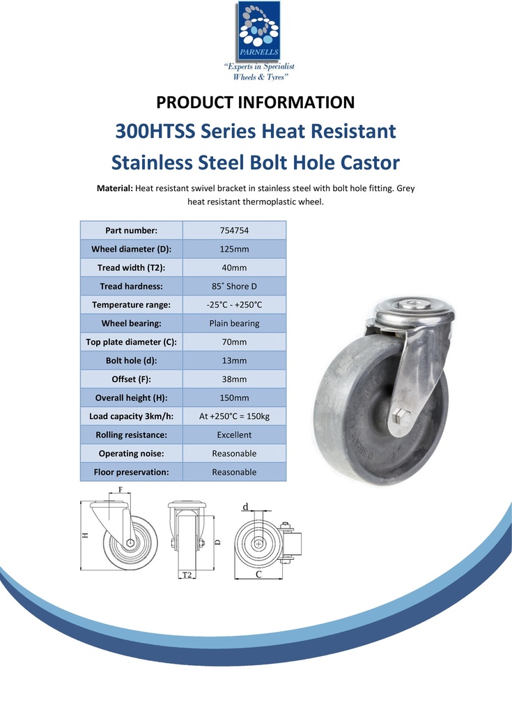 300HTSS series 125mm stainless steel swivel bolt hole 13mm castor with heat resistant thermoplastic plain bearing  wheel 150kg - Spec sheet