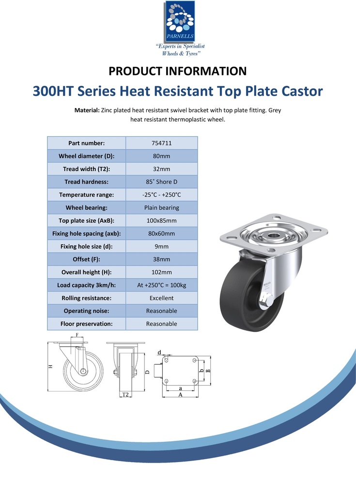 300HT series 80mm swivel top plate 100x85mm castor with heat resistant thermoplastic plain bearing wheel 100kg - Spec sheet